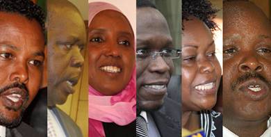 Description: Photos/FILE  From Left: Mr Abdikadir Mohammed (Mandera Central), Olago Aluoch (Kisumu Town West), Sofia Abdi Noor (nominated), Ababu Namwamba (Budalang’i), Millie Odhiambo (nominated) and Isaac Ruto (Chepalungu).